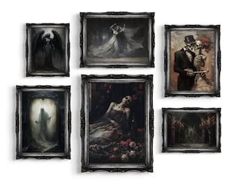 Set van 6 humeurige gothic-prints | Gotische galerij wandset, macabere kunst, antiek olieverfschilderij, decor Dark Academia, grillige kunst aan de muur
