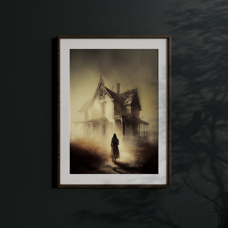 Haunted House Creepy Goth Wall Art, Spooky Halloween Decor, Eerie Atmosphere Painting, Gothic Aesthetic, Goth Academia, Macabre Art Print image 2