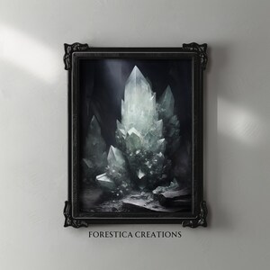 Minimal crystal cave wall art in black ornate frame against light wall, witchy and gothic home decor.