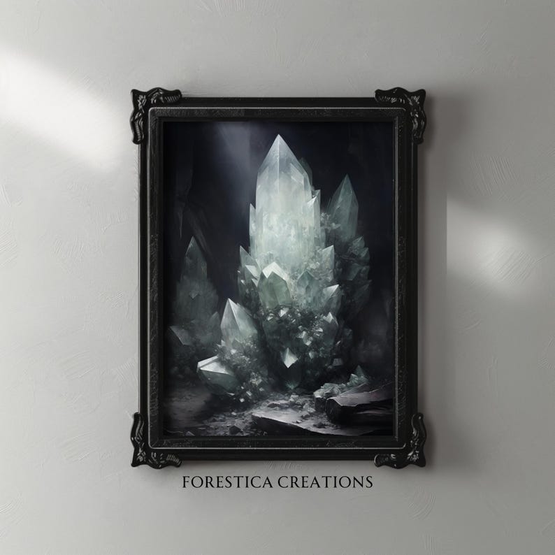 Minimal crystal cave wall art in black ornate frame against light wall, witchy and gothic home decor.
