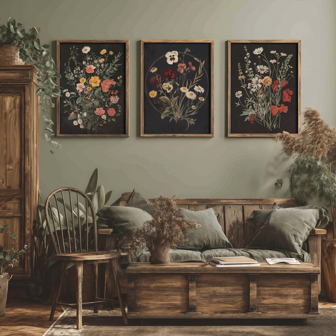 Set of 3 Dark Botanical Flower Prints | Cottagecore Decor, Moody Floral ...