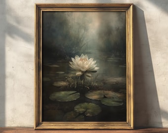 Water Lily | Cottagecore Wall Art, Dark Floral Decor, Moody Lake Painting, Botanical Print, Vintage Goblincore Art, Dark Cottage Core Decor
