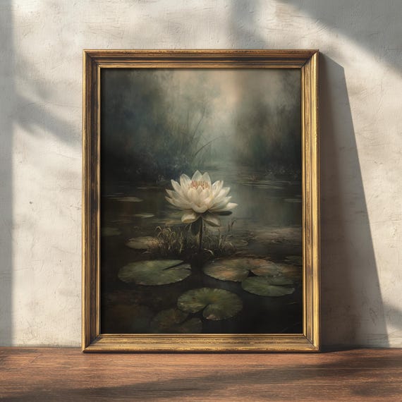 Water Lily | Cottagecore Wall Art, Dark Floral Decor, Moody Lake Painting, Botanical Print, Vintage Goblincore Art, Dark Cottage Core Decor