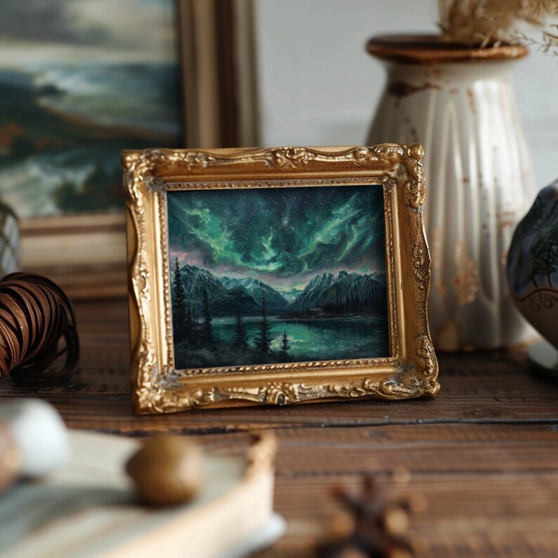 Celestial wall art featuring a dramatic night sky with clouds, northern lights, and a mountain lake, creating a mystical scene for any room.