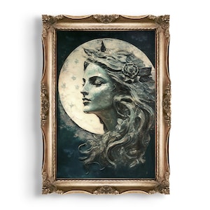 Monddame | Witchy Wandbild, Cottagecore Raumdekor, Gothic Wandbild, Gothic Decor, Dark Academia Ölgemälde, Vintage Ästhetischer Druck