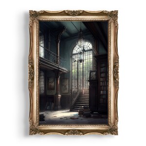 May include: A vintage-style painting of a grand library interior with a large window, a staircase, and bookshelves filled with books. The room is dimly lit, with a single light fixture hanging from the ceiling.