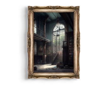 Gothic Abandoned Library Painting: Dark Academia Vintage Art (Digital Download)