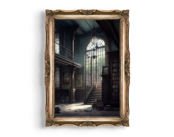 Gothic Abandoned Library Painting: Dark Academia Vintage Art (Digital Download)