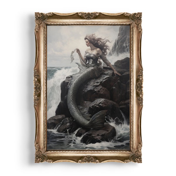 Mermaid | Dark Academia Decor, Vintage Siren Art, Moody Antique Art, Nautical Wall Art, Oil Painting Print, Coastal & Ocean Aesthetic