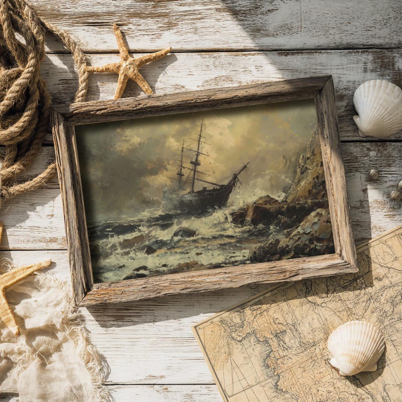 Gothic home decor piece, an oil painting of a shipwreck in a storm, evoking the power and drama of the sea.