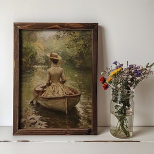Romantic home decor featuring a lady in a boat, ideal for those who appreciate vintage and moody Victorian art.