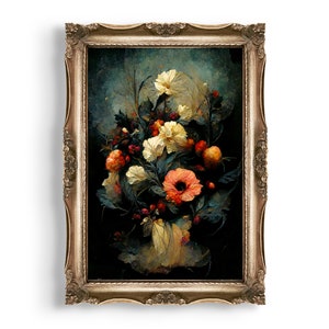 Blumenstrauß | Darkcore Cottage Ästhetik, antikes Ölgemälde, botanisches Dekor, Blumenwandkunst, Vintage Ästhetik, digitale Kunst