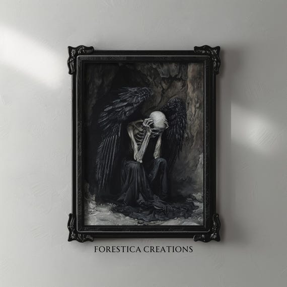 Dead Angel Art Print | Dark Gothic Skeleton, Halloween Decor