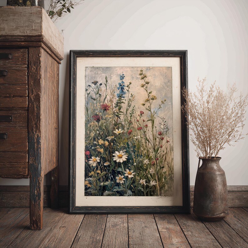 Dark and light academia motifs converge in this wildflower oil painting, a nod to timeless decor.