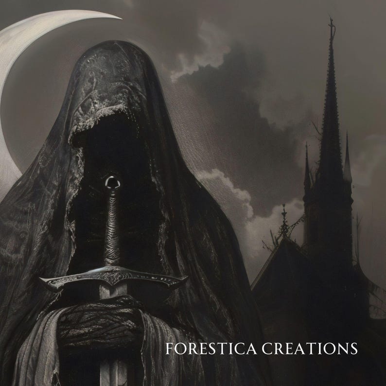 K&ouml;nnte beinhalten: Eine Kapuzenfigur in einem dunklen Gewand h&auml;lt ein silbernes Schwert vor einer dunklen, gotischen Kirche. Der Text "FORESTICA CREATIONS" ist unten im Bild sichtbar.