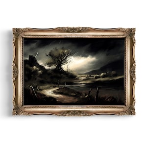 May include: A framed painting depicting a dark, stormy landscape with a lone tree in the foreground. The sky is filled with dark clouds and lightning strikes. A winding path leads to a river in the distance.