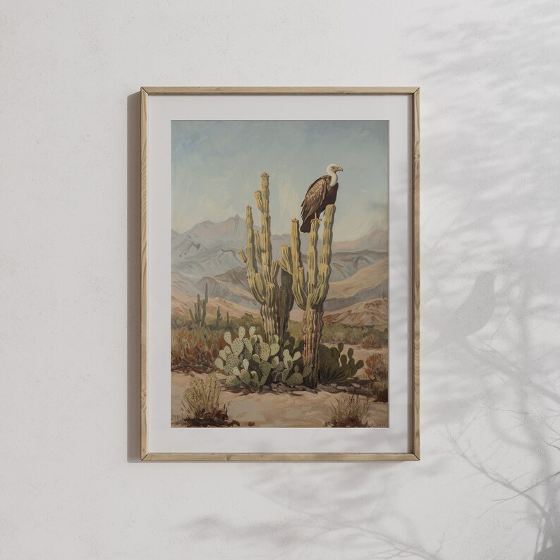 Vintage western art print with a detailed desert landscape, including a vulture and various cacti.