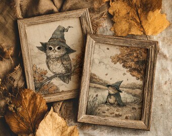 Woodland Halloween Prints | Owl and Toad Art (Digital Download)