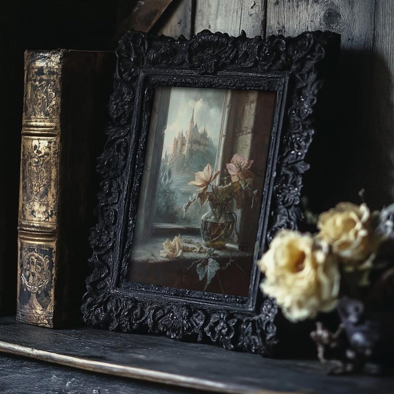 Vintage oil painting with faded florals in a glass vase, framed by a medieval castle view from a window, offering a moody, romantic goth aesthetic for dark academia decor.