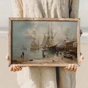 Vintage-style oil painting of a vibrant sea port, showcasing ships and figures in a classic dark academia aesthetic.