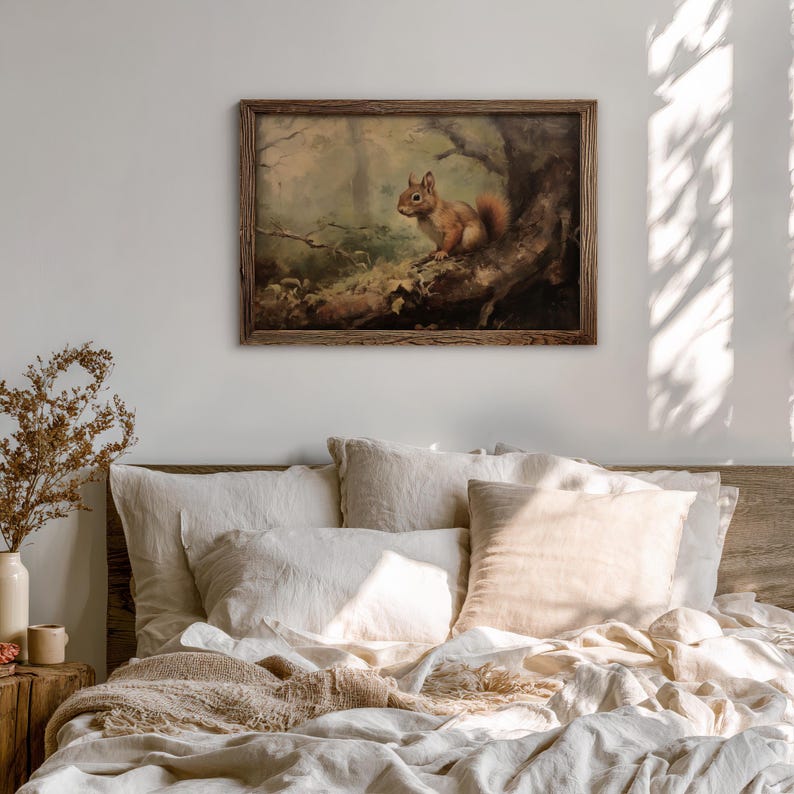 Time-honored squirrel artwork, blending seamlessly with farmhouse or rustic home themes.