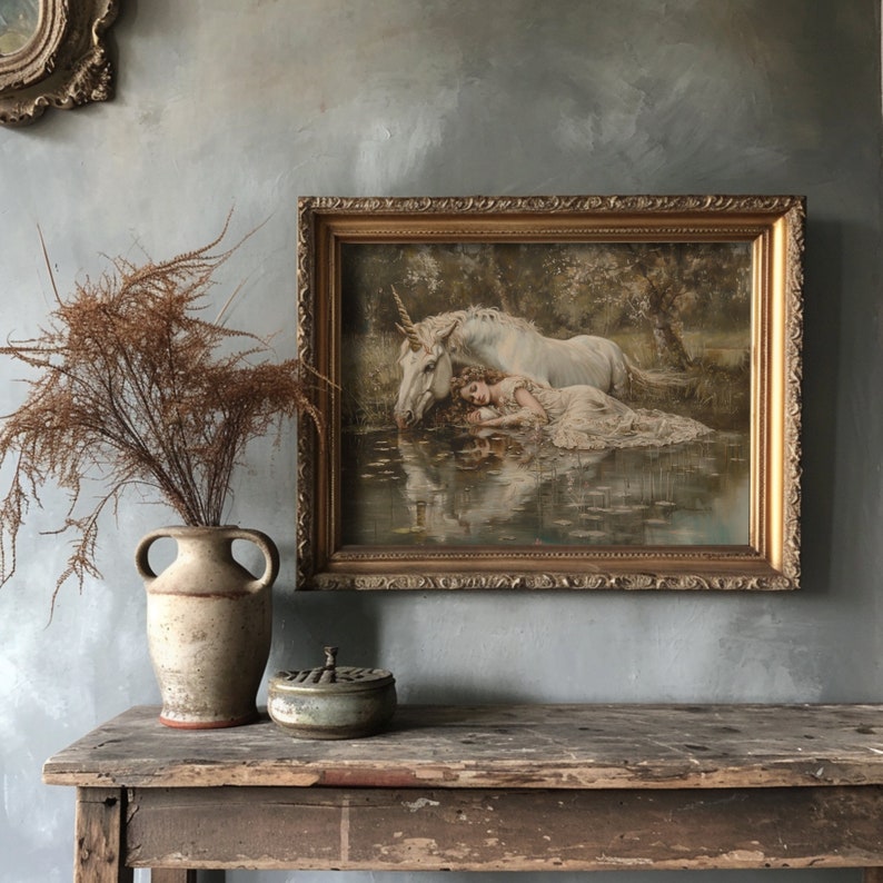 Rustic wall art depicting a fairytale scene with a unicorn and woman, ideal for eclectic and whimsical decor.