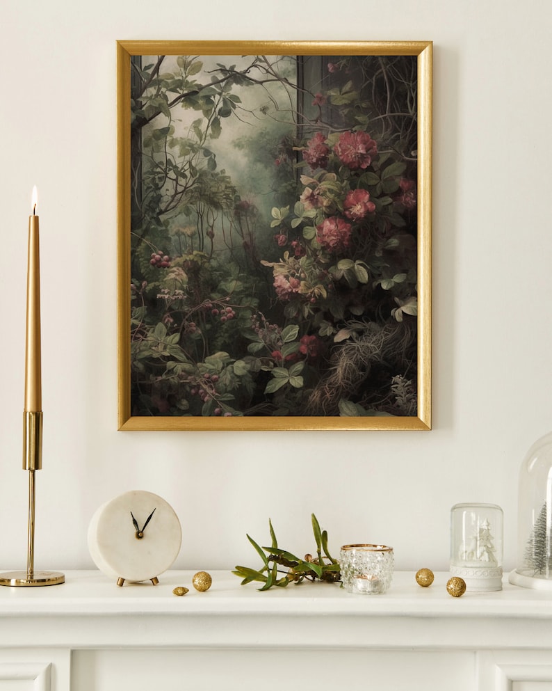 Secret Garden | Dark Cottagecore, Dark Academia Art, Vintage Floral Painting, Botanical Prints, Witch Room Decor, Dark Green Aesthetic image 4