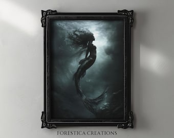 Arte de sirenas oscuras/sirenas espeluznantes, decoración de pared de fantasía oscura, arte marino melancólico, arte de pared náutico, estética costera y oceánica, decoración de estilo academia oscura