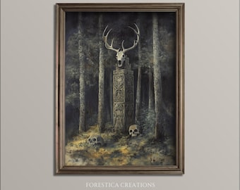 Forest Totem | Dark Cottagecore Decor, Painting Aesthetic, Dark Folk Prints, Green Witch Wall Art, Gothic Skull Art, Woodland Halloween Art