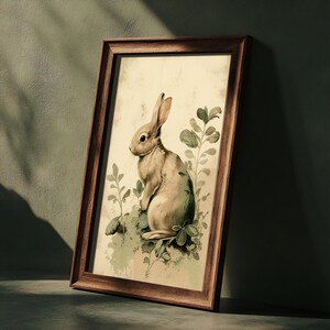 Pu&ograve; includere: Un'illustrazione in stile vintage di un coniglio marrone seduto in un ciuffo di foglie verdi. Il coniglio &egrave; circondato da fogliame verde e ha un petto e una pancia bianchi. L'illustrazione &egrave; incorniciata in una cornice di legno marrone.