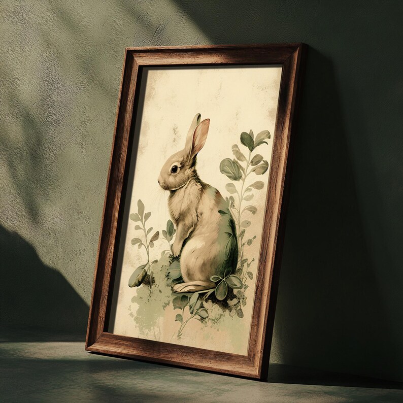 Pu&ograve; includere: Un'illustrazione in stile vintage di un coniglio marrone seduto in un ciuffo di foglie verdi. Il coniglio &egrave; circondato da fogliame verde e ha un petto e una pancia bianchi. L'illustrazione &egrave; incorniciata in una cornice di legno marrone.