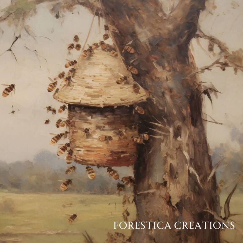 May include: A painting of a beehive made of wood and bark, hanging from a tree branch. The beehive is surrounded by bees, some flying and some landing on the hive. The background is a blurry landscape of green grass and trees.