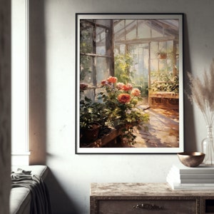 May include: A painting of a greenhouse with a wooden bench and potted plants, including a cluster of orange flowers. Sunlight streams through the glass roof, casting shadows on the floor.