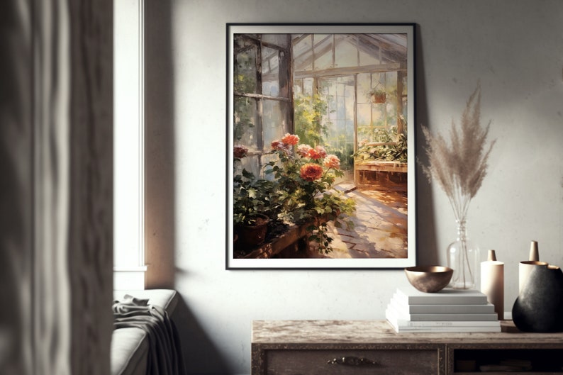 May include: A painting of a greenhouse with a wooden bench and potted plants, including a cluster of orange flowers. Sunlight streams through the glass roof, casting shadows on the floor.