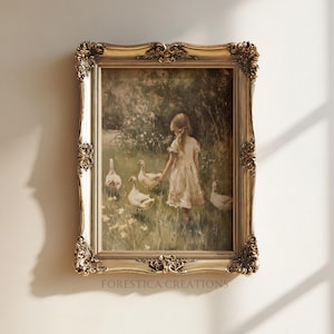 グースガール | イースタープリント、コテージコアウォールアート、ファームハウスデコレーション、素朴なホームデコレーション、ムーディーな自然ウォールアート、アンティーク絵画の美学