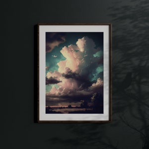 May include: A framed print of a landscape painting featuring a large, fluffy, white cloud in a blue sky. The cloud is casting a shadow on the ground below, and there are trees in the distance.