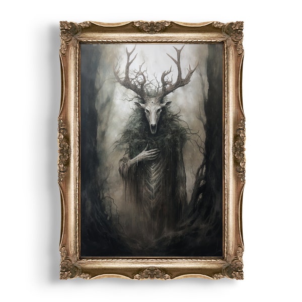 Guardian of Forest | Dark Cottagecore Decor, Gothic Wall Art, Woodland Goth Decor, Vintage Dark Oil Painting, Cottagecore Halloween