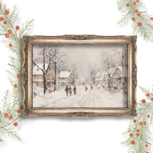 Enchanting Vintage Christmas Scene: Immerse yourself in the charm of a vintage oil painting depicting a festive Christmas town, complete with falling snow and bustling streets.