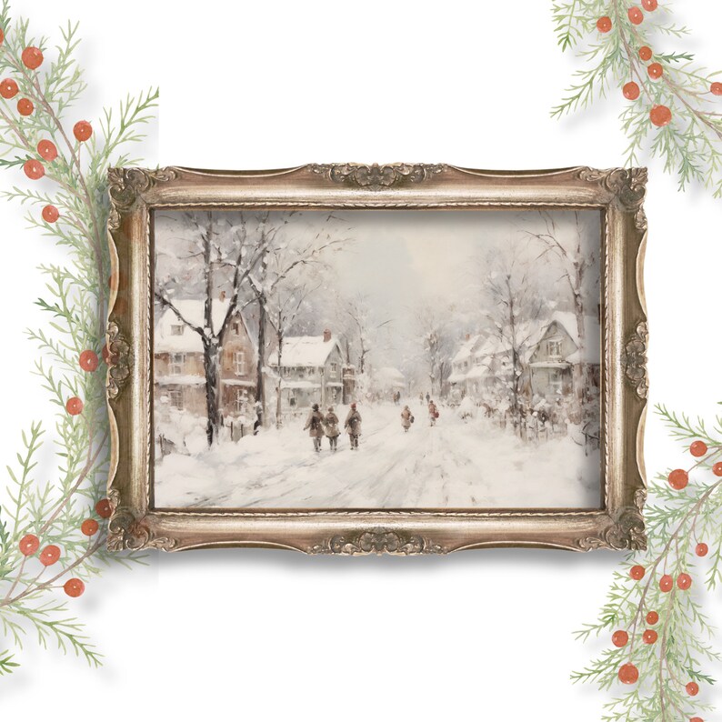 Enchanting Vintage Christmas Scene: Immerse yourself in the charm of a vintage oil painting depicting a festive Christmas town, complete with falling snow and bustling streets.