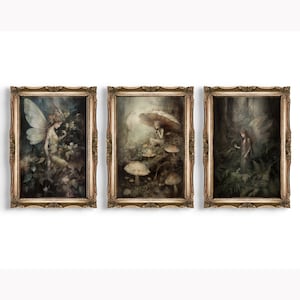 May include: Set of three framed art prints featuring fantasy scenes. Each print depicts a fairy in a forest setting, with detailed illustrations of nature and mythical creatures. The frames have a gold ornate design, adding a classic touch to the artwork.