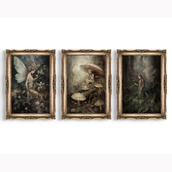 Set of 3 Forest Fairies Prints | Cottagecore Gallery Wall Set, Whimsigoth Decor, Botanical Fairy Wall Art, Mushroom Decor, Vintage Aesthetic
