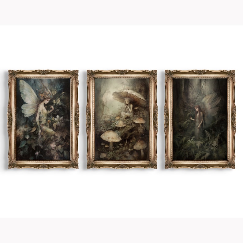 May include: Set of three framed art prints featuring fantasy scenes. Each print depicts a fairy in a forest setting, with detailed illustrations of nature and mythical creatures. The frames have a gold ornate design, adding a classic touch to the artwork.