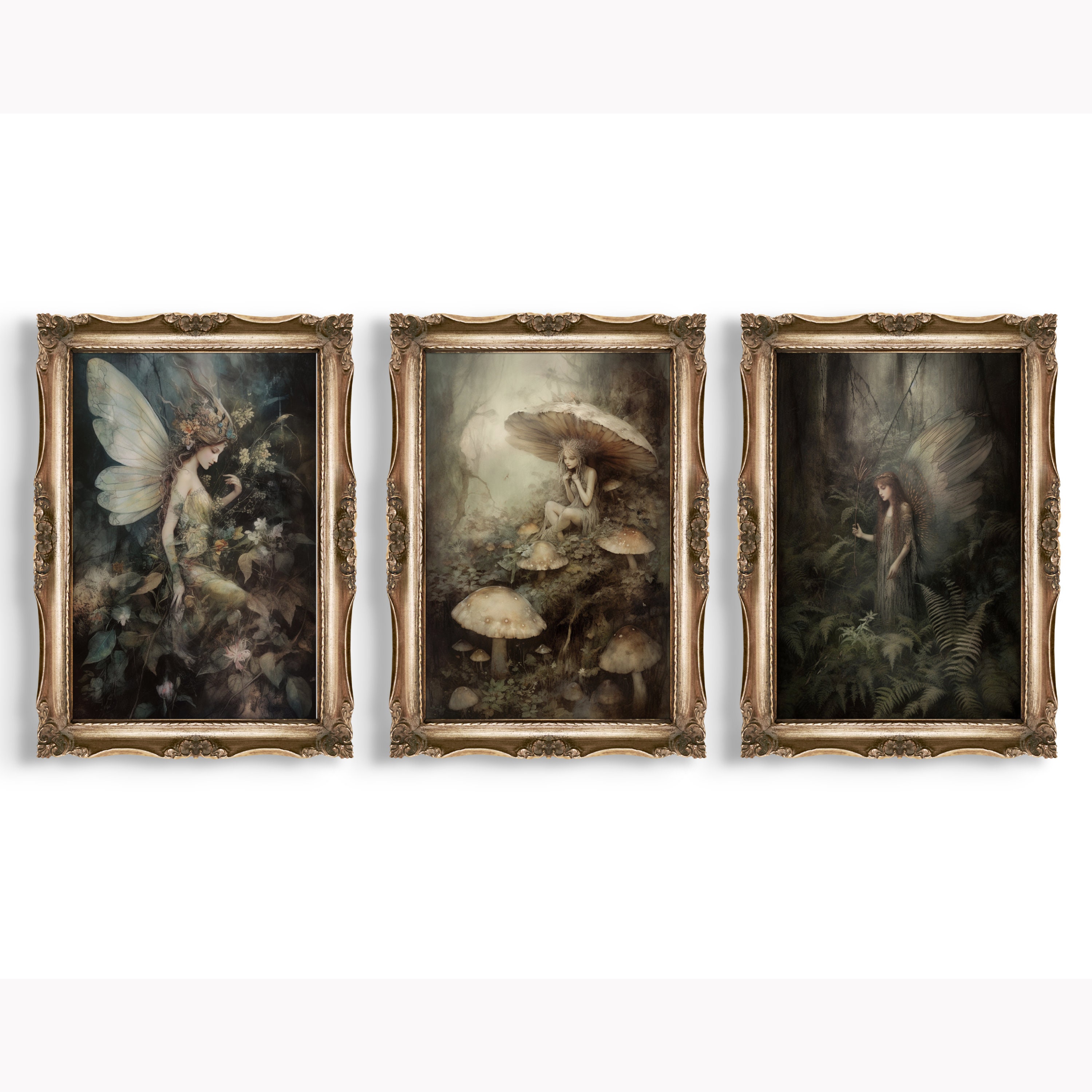 Set of 3 Forest Fairies Prints | Cottagecore Gallery Wall Set, Whimsigoth Decor, Botanical Fairy Wall Art, Mushroom Decor, Vintage Aesthetic