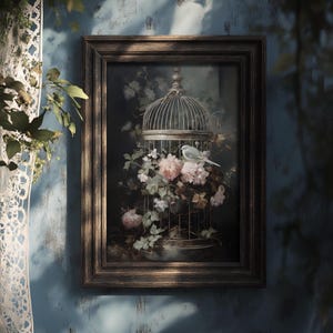 May include: A framed painting of a bird in a cage surrounded by pink flowers. The cage is made of metal and has a domed top. The bird is white and is perched on the edge of the cage. The flowers are pink and white and are arranged around the cage.