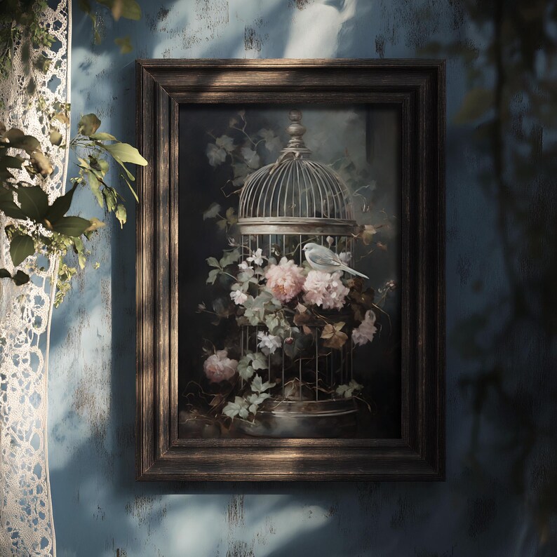 May include: A framed painting of a bird in a cage surrounded by pink flowers. The cage is made of metal and has a domed top. The bird is white and is perched on the edge of the cage. The flowers are pink and white and are arranged around the cage.