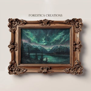 Gothic room decor print with a captivating view of the northern lights and cloudy night sky over a tranquil mountain lake, enhancing any gallery wall.