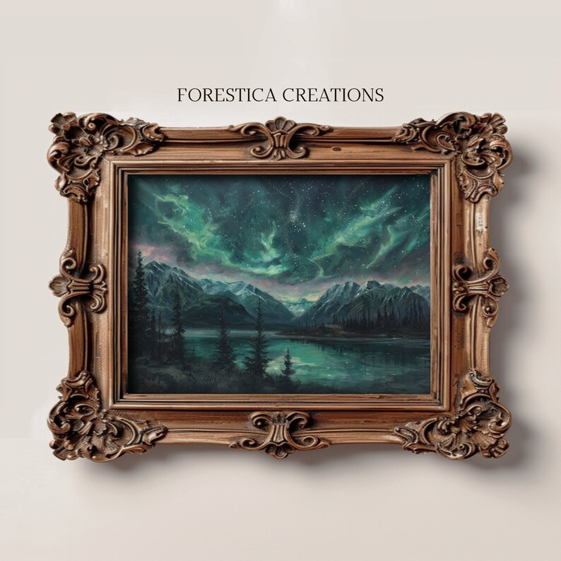 Gothic room decor print with a captivating view of the northern lights and cloudy night sky over a tranquil mountain lake, enhancing any gallery wall.