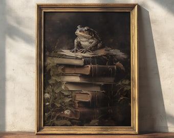 Toad & Books | Dark Academia Print, Green Witch Home Decor, Vintage Botanical Decor, Dark Moody Painting, Witchy Wall Art, Cottagecore Art