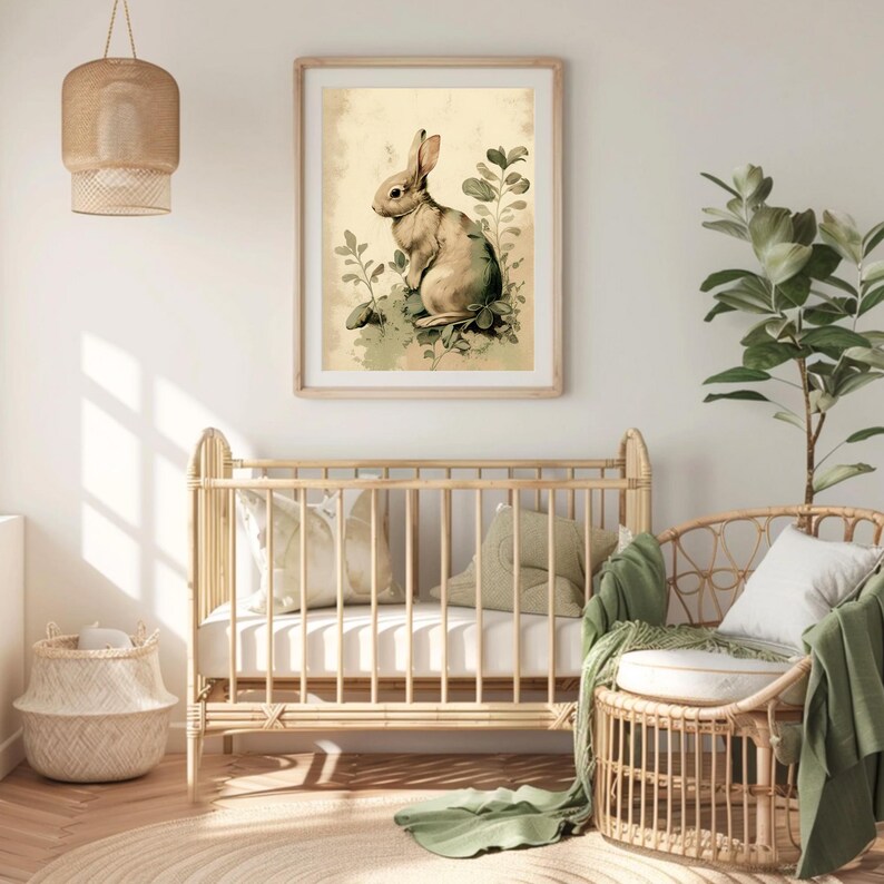 Pu&ograve; includere: Un'illustrazione in stile vintage di un coniglio marrone seduto in un campo di fogliame verde. L'illustrazione &egrave; incorniciata e appesa a un muro bianco in una nursery.