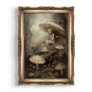 Forest Fairy | Cottagecore Prints, Mushroom Decor, Fairycore Wall Art, Botanical Aesthetic, Goblincore Wall Decor, Moody Painting Print